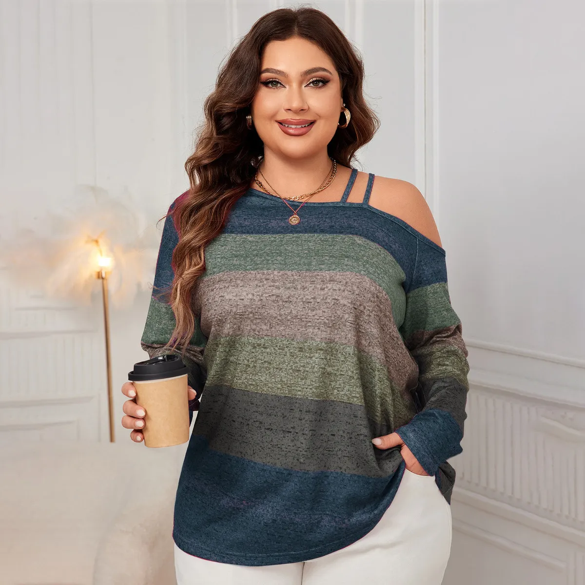 Women Plus Size Off-Shoulder Color-Block Geometric Pattern Loose T-Shirt