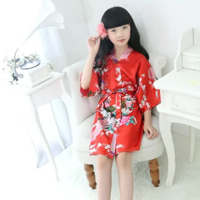 Kids Girls Fashion Silk Printed Long-Sleeve Lace-Up Nightgown Pajamas
