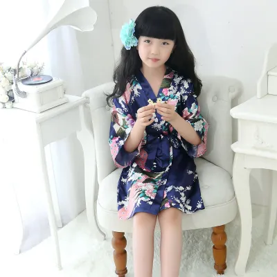 Kids Girls Fashion Silk Printed Long-Sleeve Lace-Up Nightgown Pajamas
