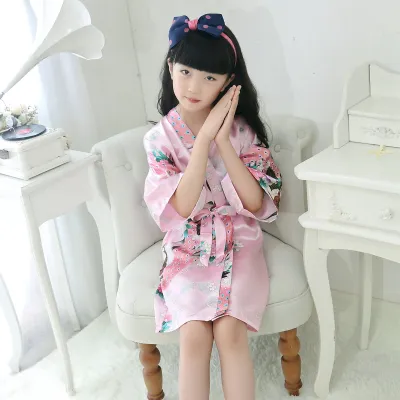 Kids Girls Fashion Silk Printed Long-Sleeve Lace-Up Nightgown Pajamas