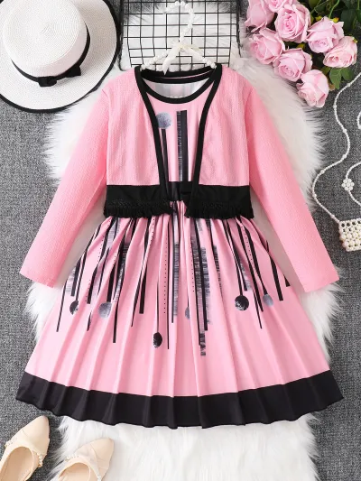 Kids Girls Fashion Elegant Printed Sleeveless Dress with Long Sleeve Jacket Two-Piece Set