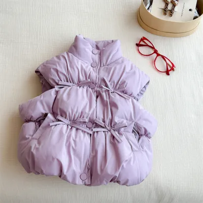 Kids Girls Fashion Solid Color Thickened Cotton-Padded Tank Top Autumn Winter Single-Breasted