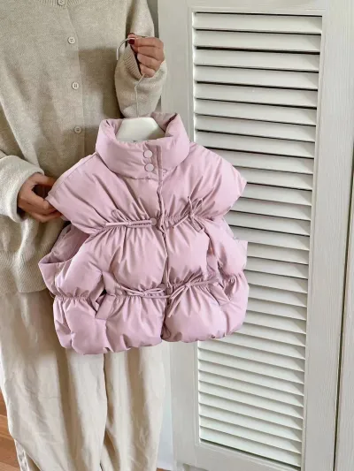 Kids Girls Fashion Solid Color Thickened Cotton-Padded Tank Top Autumn Winter Single-Breasted