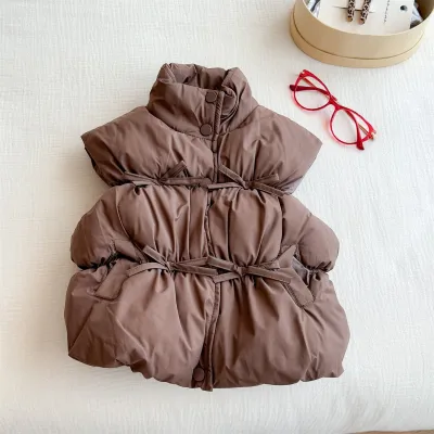Kids Girls Fashion Solid Color Thickened Cotton-Padded Tank Top Autumn Winter Single-Breasted