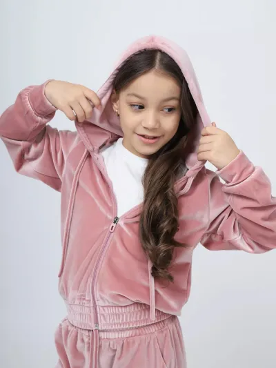 Kids Girls Velvet Hoodie and Loose Pants Two-Piece Set for Autumn Winter Casual Solid Color