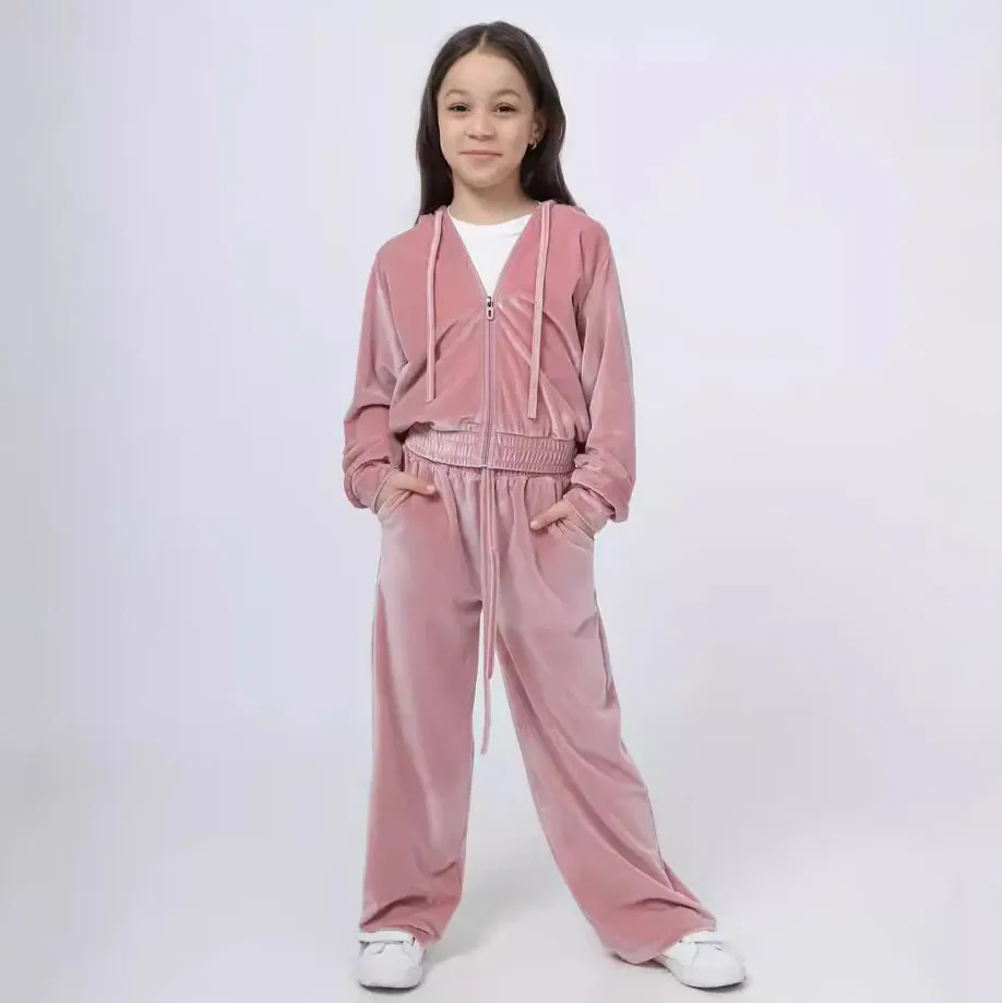 Kids Girls Velvet Hoodie and Loose Pants Two-Piece Set for Autumn Winter Casual Solid Color