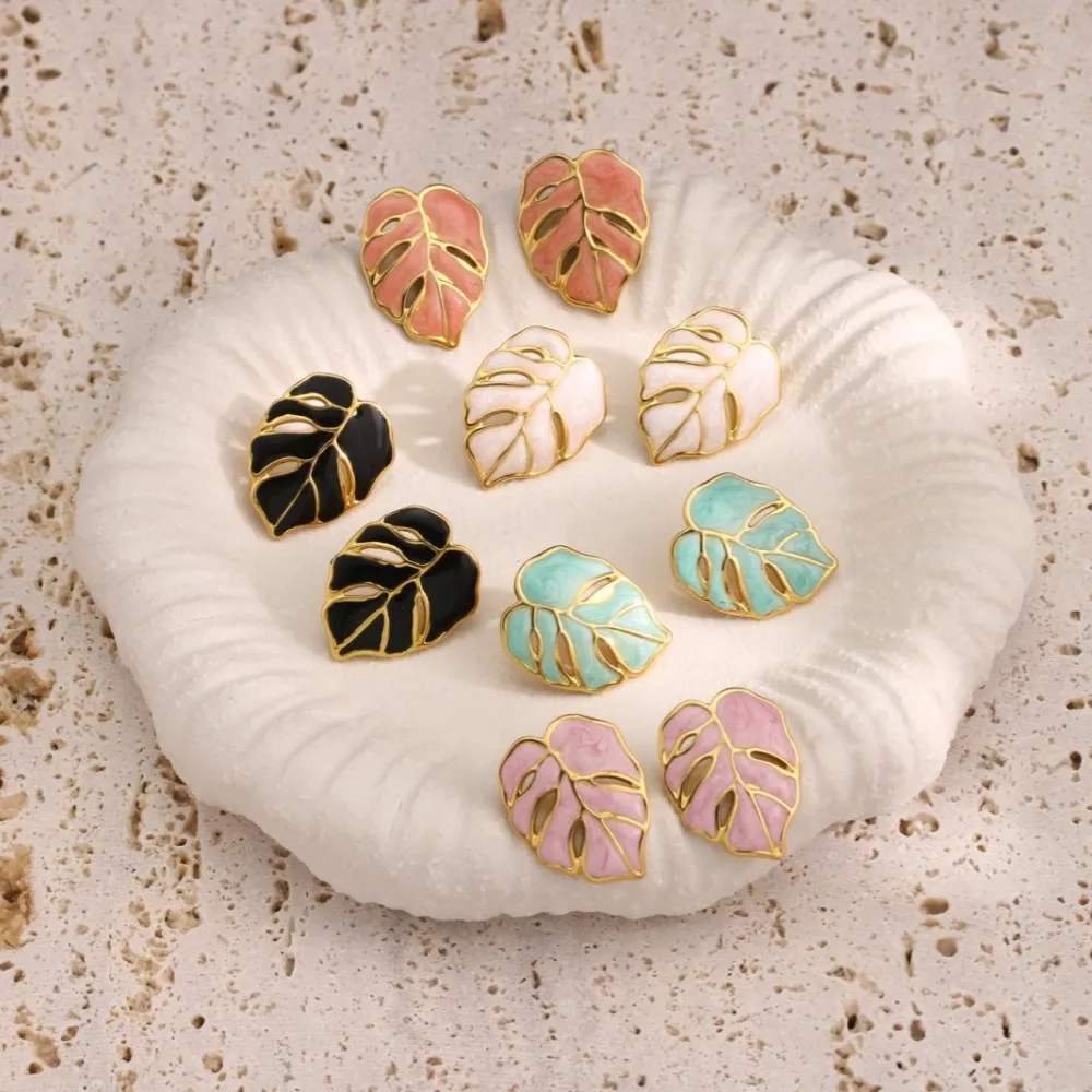 Women Fashion Casual Oil Hollow Maple Leaf Stainless Steel Earrings