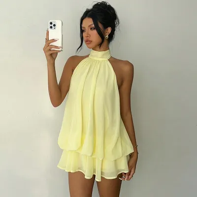 Women Sexy Halter-Neck Sleeveless Backless Puffy Mesh Dress