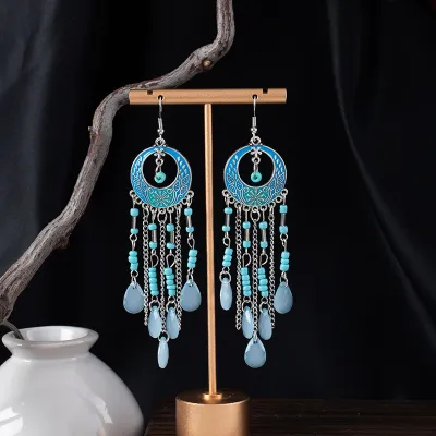 Women Fashion Boho Long Water Drops Beaded Earrings