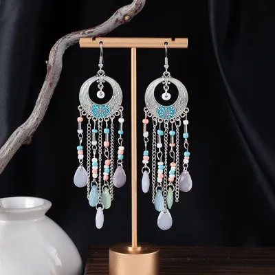 Women Fashion Boho Long Water Drops Beaded Earrings