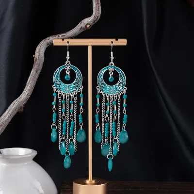 Women Fashion Boho Long Water Drops Beaded Earrings