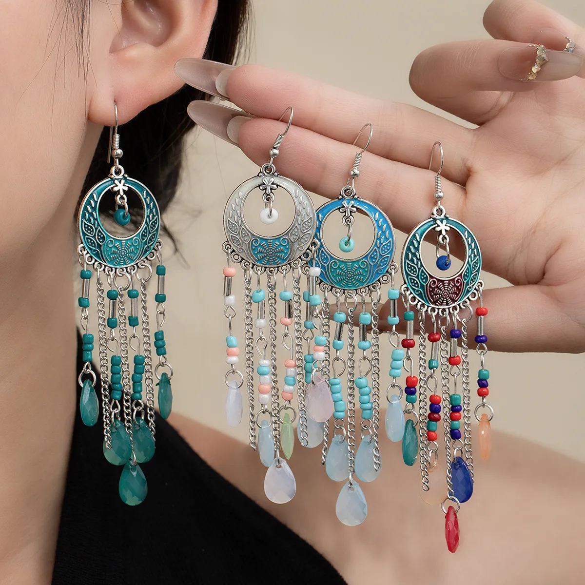 Women Fashion Boho Long Water Drops Beaded Earrings
