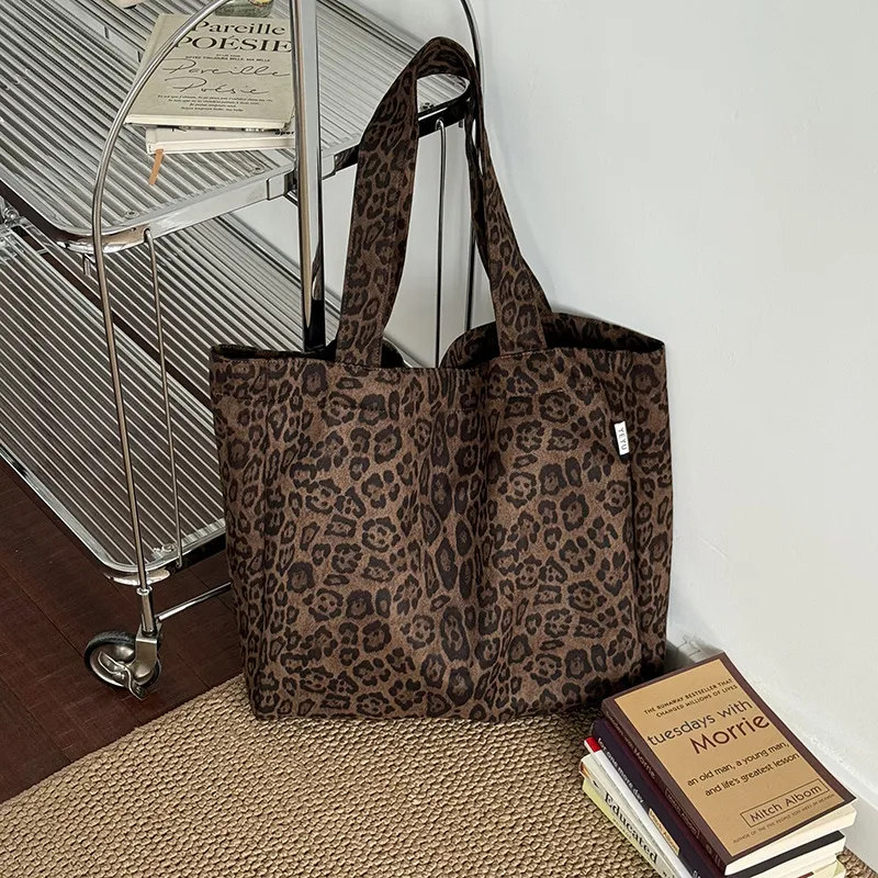 Women Fashion Casual Leopard Suede Large Capacity Tote Bag Shoulder