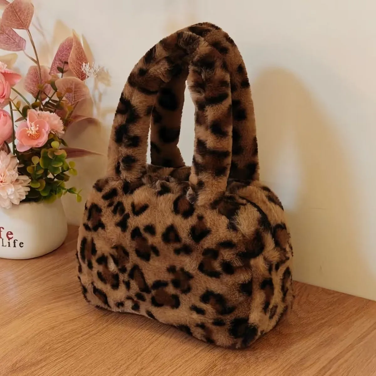 Women Fashion Casual Leopard Plush Handbag for Autumn Winter