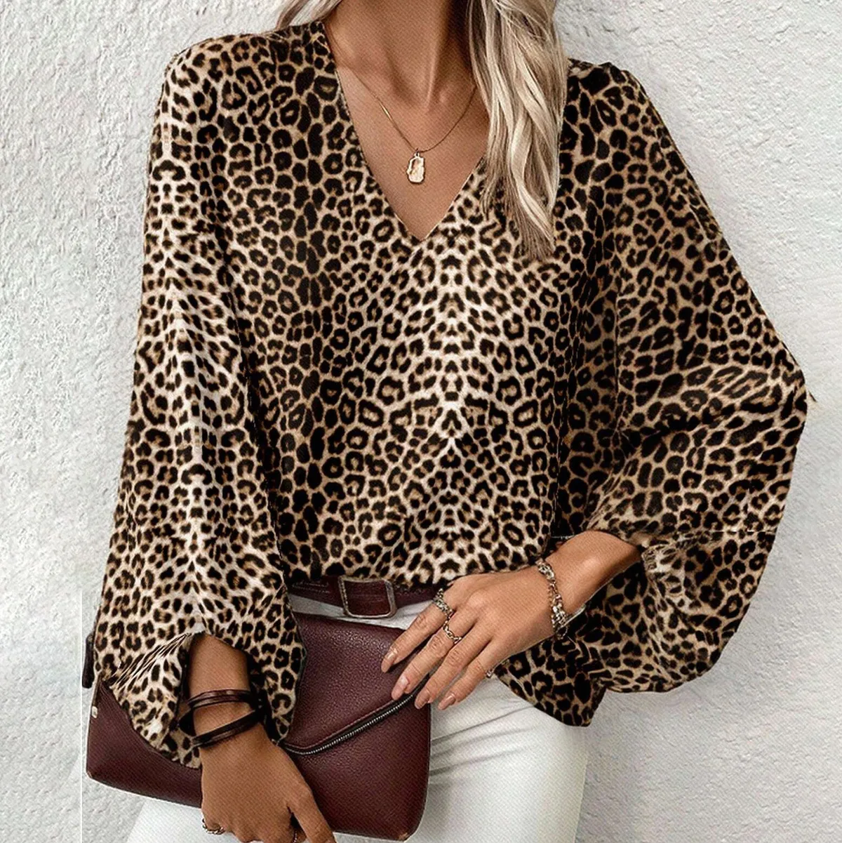 Women Casual Leopard Print V-Neck Long Sleeve Loose Blouse