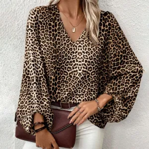 Women Casual Leopard Print V-Neck Long Sleeve Loose Blouse