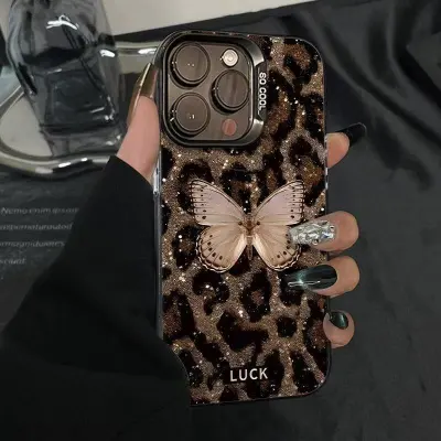 Women Fashion Golden Butterfly Leopard IPhone Case with PC Hard Shell