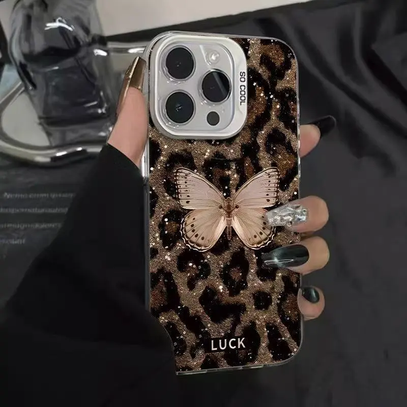 Women Fashion Golden Butterfly Leopard IPhone Case with PC Hard Shell