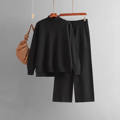 Women Autumn Winter Solid Color Knitted Half High Neck Sweater Loose Pants Two-Piece Set