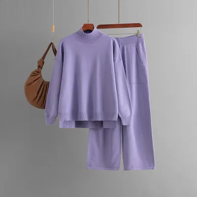 Women Autumn Winter Solid Color Knitted Half High Neck Sweater Loose Pants Two-Piece Set
