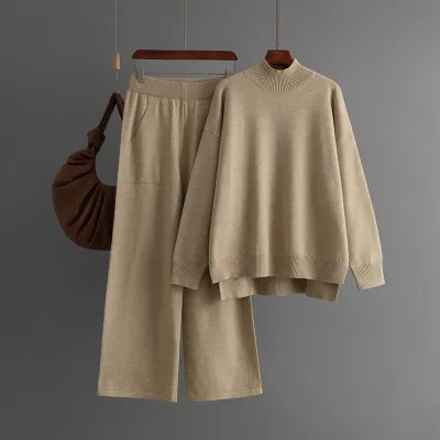 Women Autumn Winter Solid Color Knitted Half High Neck Sweater Loose Pants Two-Piece Set