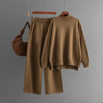 Women Autumn Winter Solid Color Knitted Half High Neck Sweater Loose Pants Two-Piece Set