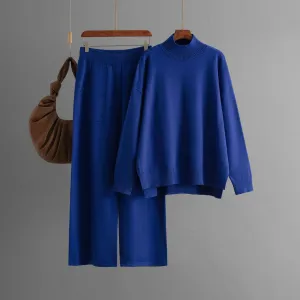 Women Autumn Winter Solid Color Knitted Half High Neck Sweater Loose Pants Two-Piece Set