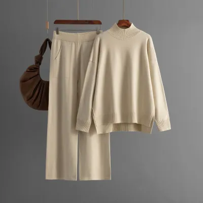 Women Autumn Winter Solid Color Knitted Half High Neck Sweater Loose Pants Two-Piece Set