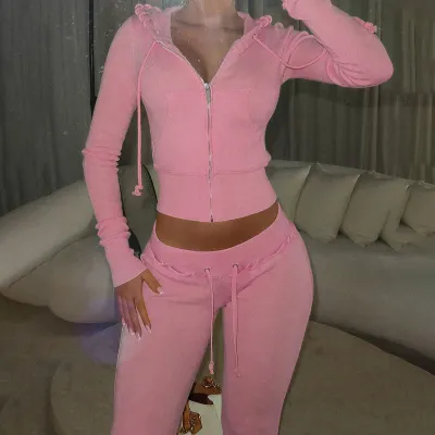 Women's Sexy Contrast Stitching Hoodie And Slim-Fit Pants Two-Piece Set