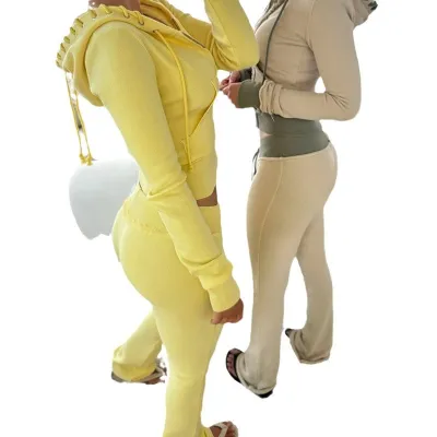 Women's Sexy Contrast Stitching Hoodie And Slim-Fit Pants Two-Piece Set