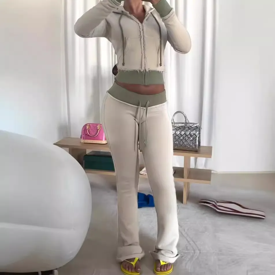 Women's Sexy Contrast Stitching Hoodie And Slim-Fit Pants Two-Piece Set
