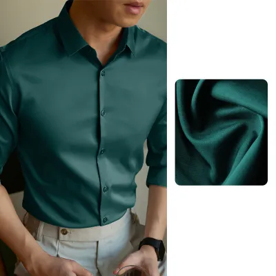 Men Fashion Casual Solid Color Business Mercerized Cotton Lapel Long-Sleeve Slim Dress Shirts