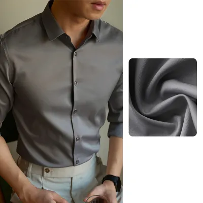 Men Fashion Casual Solid Color Business Mercerized Cotton Lapel Long-Sleeve Slim Dress Shirts