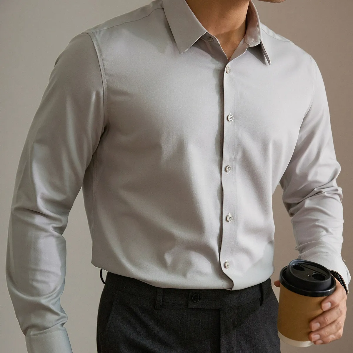 Men Fashion Casual Solid Color Business Mercerized Cotton Lapel Long-Sleeve Slim Dress Shirts