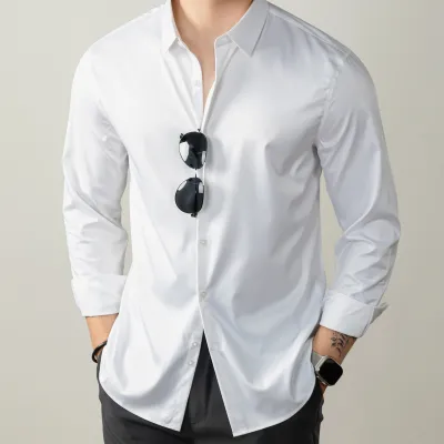 Men Fashion Casual Solid Mercerized Cotton Stand Collar Long-Sleeve Dress Shirts