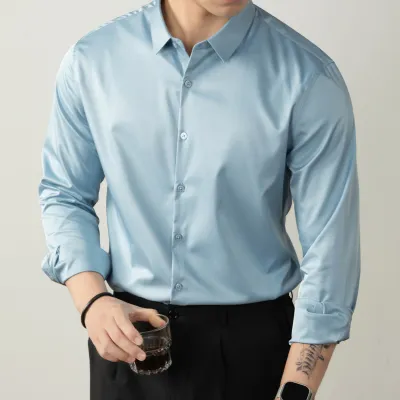 Men Fashion Casual Solid Mercerized Cotton Stand Collar Long-Sleeve Dress Shirts