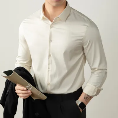 Men Fashion Casual Solid Mercerized Cotton Stand Collar Long-Sleeve Dress Shirts