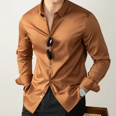 Men Fashion Casual Solid Mercerized Cotton Stand Collar Long-Sleeve Dress Shirts