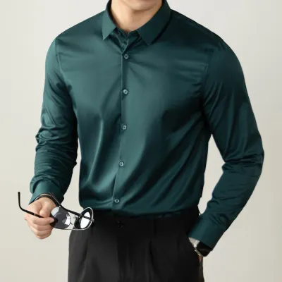 Men Fashion Casual Solid Mercerized Cotton Stand Collar Long-Sleeve Dress Shirts
