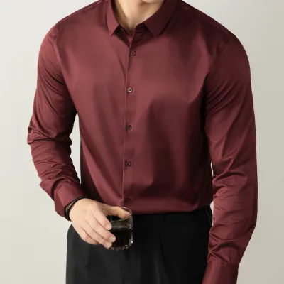 Men Fashion Casual Solid Mercerized Cotton Stand Collar Long-Sleeve Dress Shirts