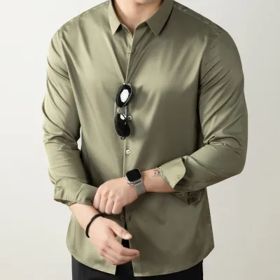 Men Fashion Casual Solid Mercerized Cotton Stand Collar Long-Sleeve Dress Shirts