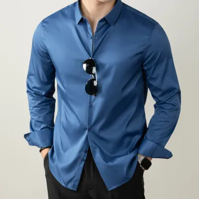 Men Fashion Casual Solid Mercerized Cotton Stand Collar Long-Sleeve Dress Shirts