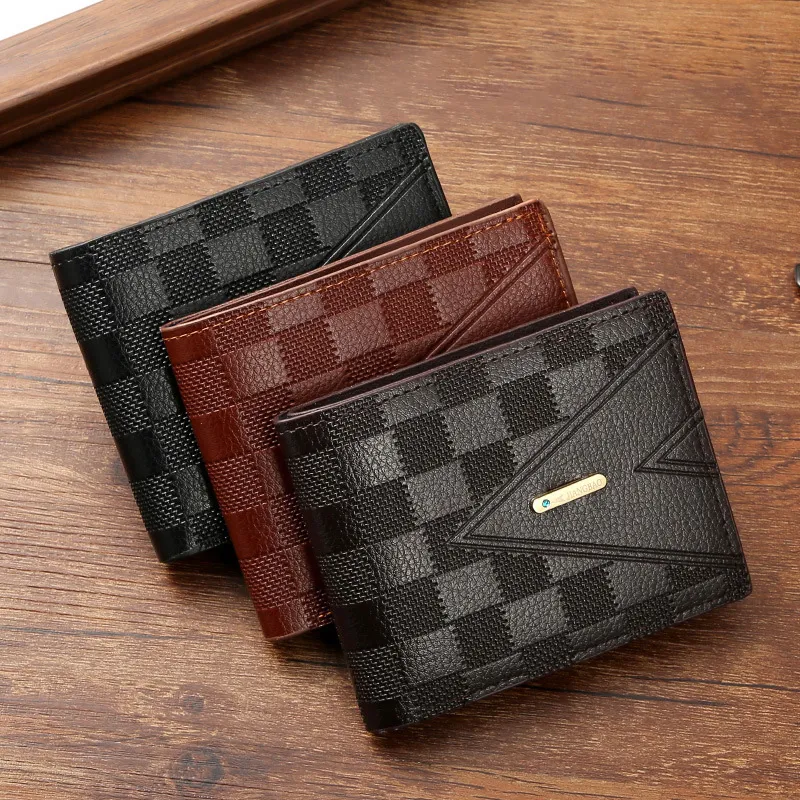 Men's Fashion Casual Solid Color Checkered Geometric Pattern Short Business Multi-Card PU Leather Wallet
