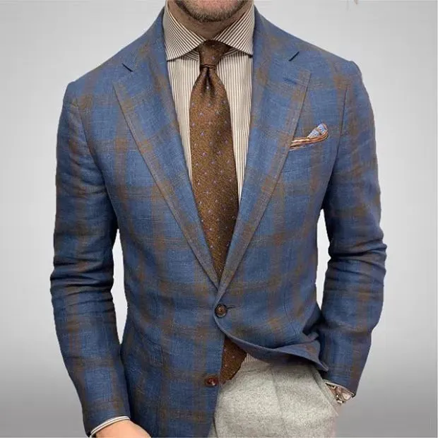 Men's Casual Plaid Pattern Lapel Long Sleeve Suit Coat Woolen