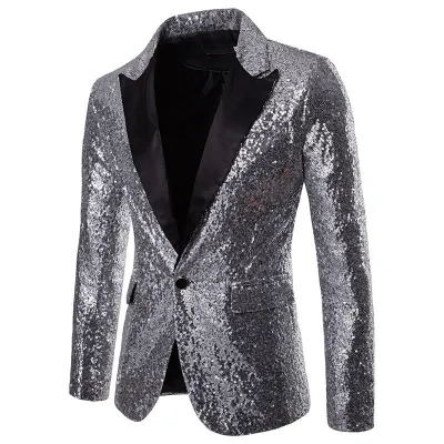 Men Fashion Casual Solid Sequin Lapel Long Sleeve Slim Fit Suit Coat