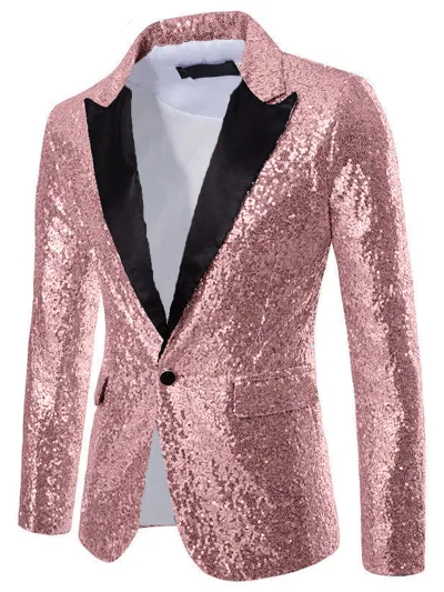 Men Fashion Casual Solid Sequin Lapel Long Sleeve Slim Fit Suit Coat