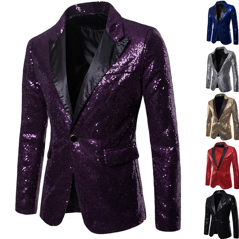Men Fashion Casual Solid Sequin Lapel Long Sleeve Slim Fit Suit Coat