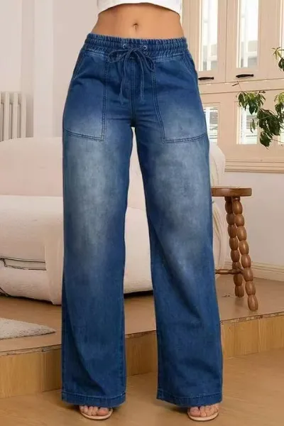 Women Fashion Casual Slim Straight Drawstring Jeans