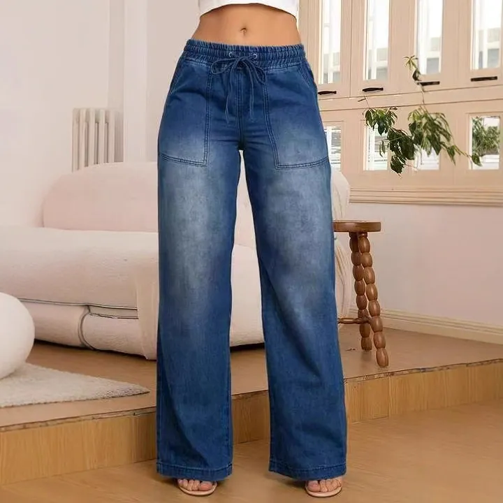 Women Fashion Casual Slim Straight Drawstring Jeans