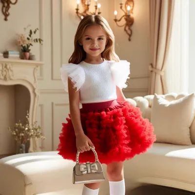 Kids Girls' Cute Solid Color Short Flying Sleeve Mesh Top and Skirt Two-Piece Suit